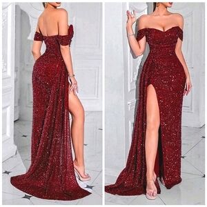 New Glam Off Shoulder Sequin Split Leg Maxi Gown Dress Burgundy Red